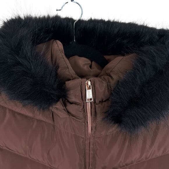 GUESS Janina Brown Long Line Faux Fur Hood Full Zip Down Puffer Jacket Size L - Picture 4 of 14